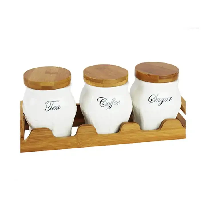 Tea Coffee Sugar Ceramic Canister Jar Bamboo Lid Jar with Tray