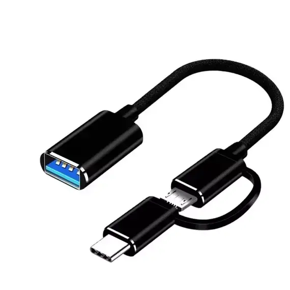 2-in-1 OTG Adapter Cable – USB-C to USB-A with Micro USB & USB-C Connector, Fast Charging, Plug & Play OTG Adapter
