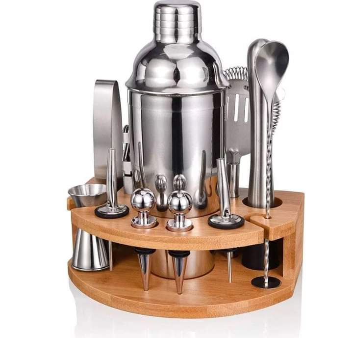 Cocktail Shaker Bar Set with Accessories and bamboo holder base